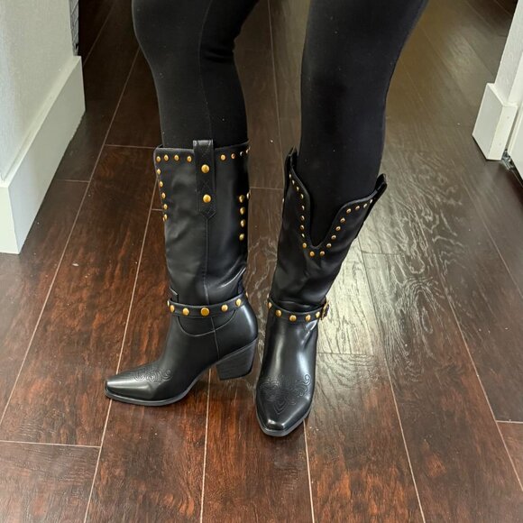 🆕Womens Black Faux Leather Mid Calf Square Toe Block Chunky Heel Studded Boots - Picture 3 of 13